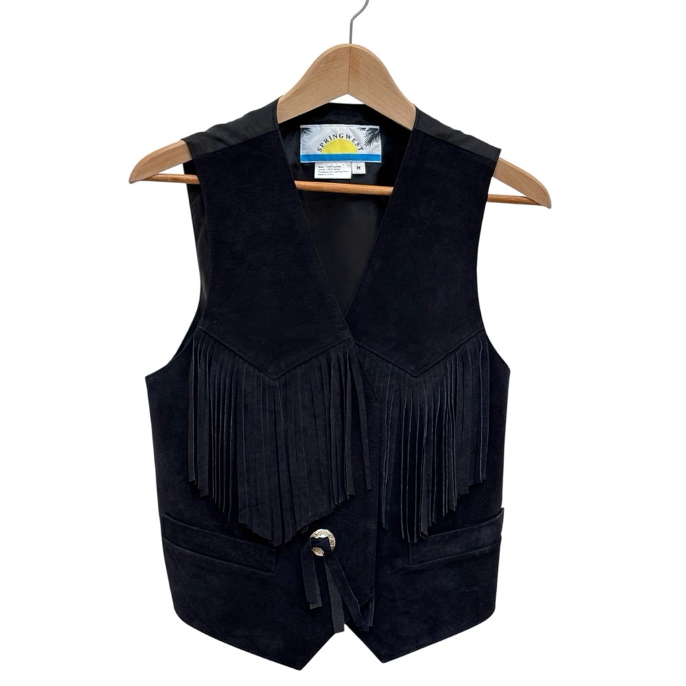 Vintage Springwest Black Suede Fringed Vest Size Medium Western Coastal Cowgirl